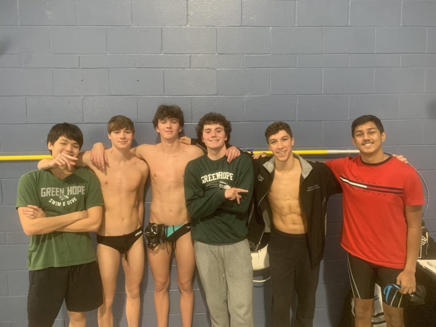 Members+of+the+Falcon+swim+team%2C+pictured+left+to+right%3A+Garlan%2C+Owen%2C+Colin%2C+Thomas%2C+Luke+and+Aadil.