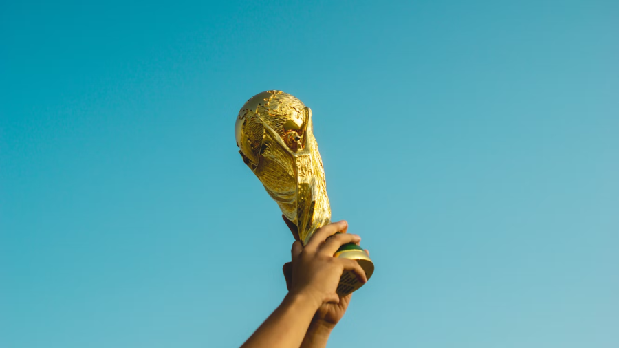 The World Cup trophy is lifted into the sky.