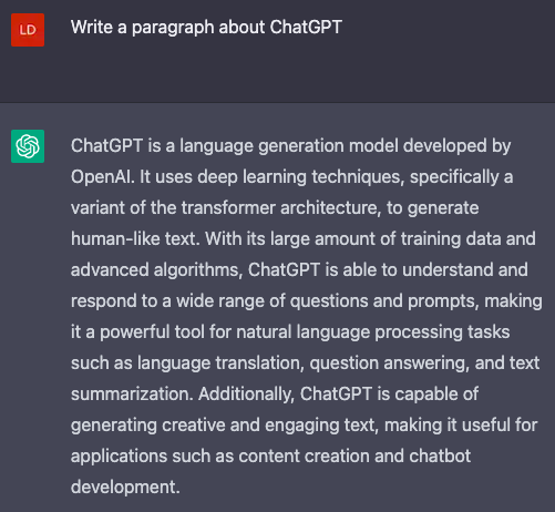 ChatGPT can write paragraphs of human-like text about various topics, including itself.