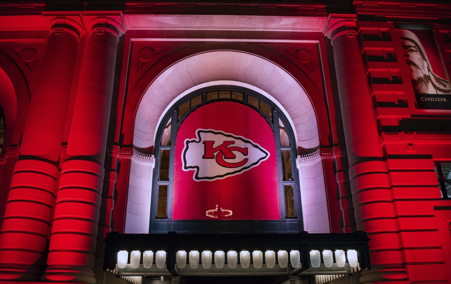 Kansas City’s Union Station lights up red to celebrate the Chiefs Super Bowl win.
