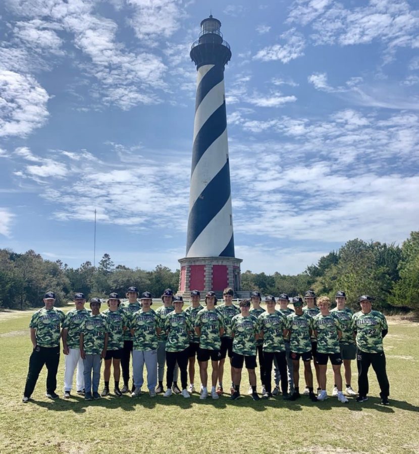 Green Hope Baseball in front of Cape Hatteras Lighthouse. They traveled there for the Cape Hatteras Surf Sand Service Tournament, where they went 2-0 with wins over Panther Creek and Cape Hatteras Secondary School.