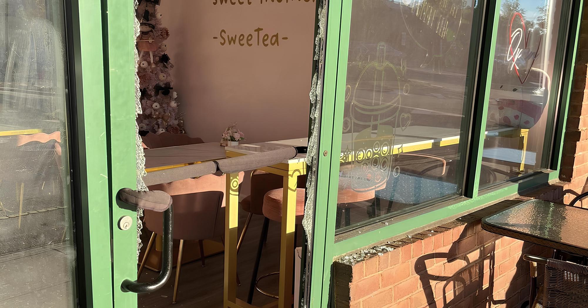 Damages at the SweeTea Boba shop with broken glass covering the entrance in the early Saturday morning. Image sourced from the SweeTea instagram.