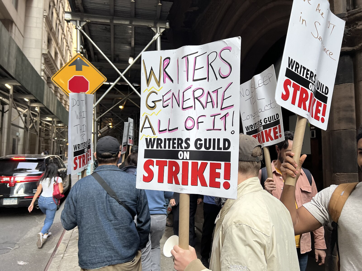 Writers and actors striking in Los Angeles towards Alliance of Motion Picture and Television Producers picket lines. Picture from Wikipedia Commons. 