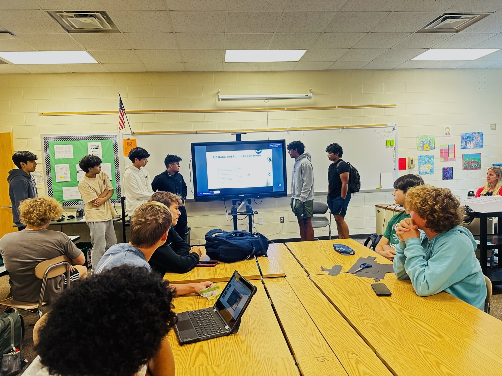 The Investing Club meets in Ms. Michaud’s room to discuss and prepare their ideas for future competitions. Photo used with permission from Jai Saxena.