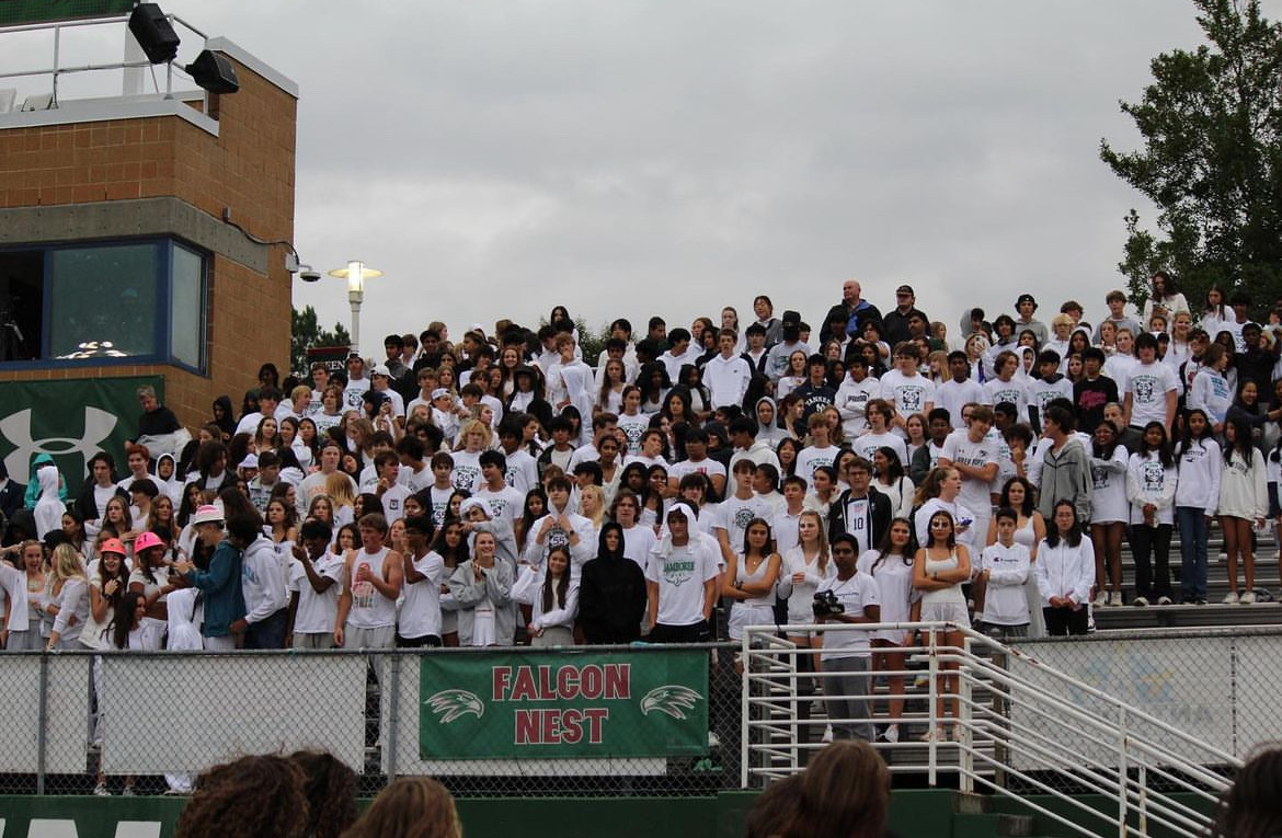 Green Hope students dress in all white for the white out game against Panther Creek. Photo used with permission from Falcon Frenzy representatives.