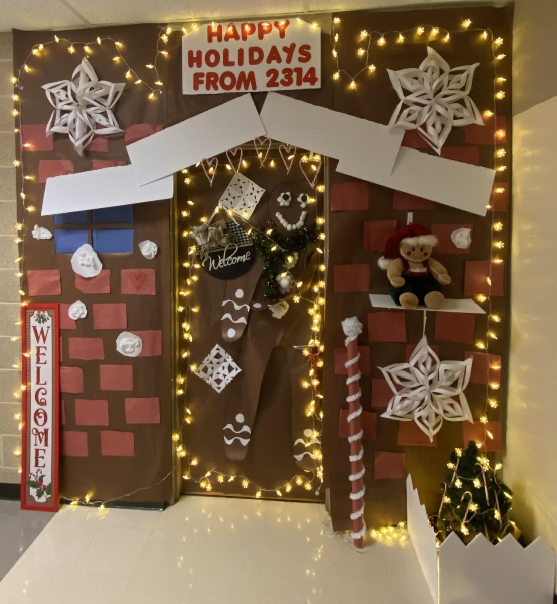 First-place winner, Mrs. Coughenour in room 2314 includes a large gingerbread man surrounded by lights on her door. Photo taken by Mrs. Coughenour.