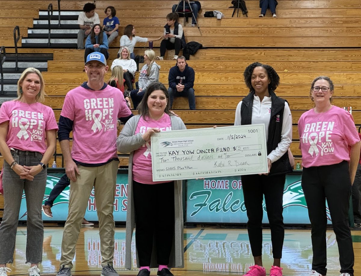 Kelsey Harris and the organizers from the Booster Club held a check of $2,000 for the Kay Yow foundation. The money was raised by Green Hope raised through the Play4Kay event.