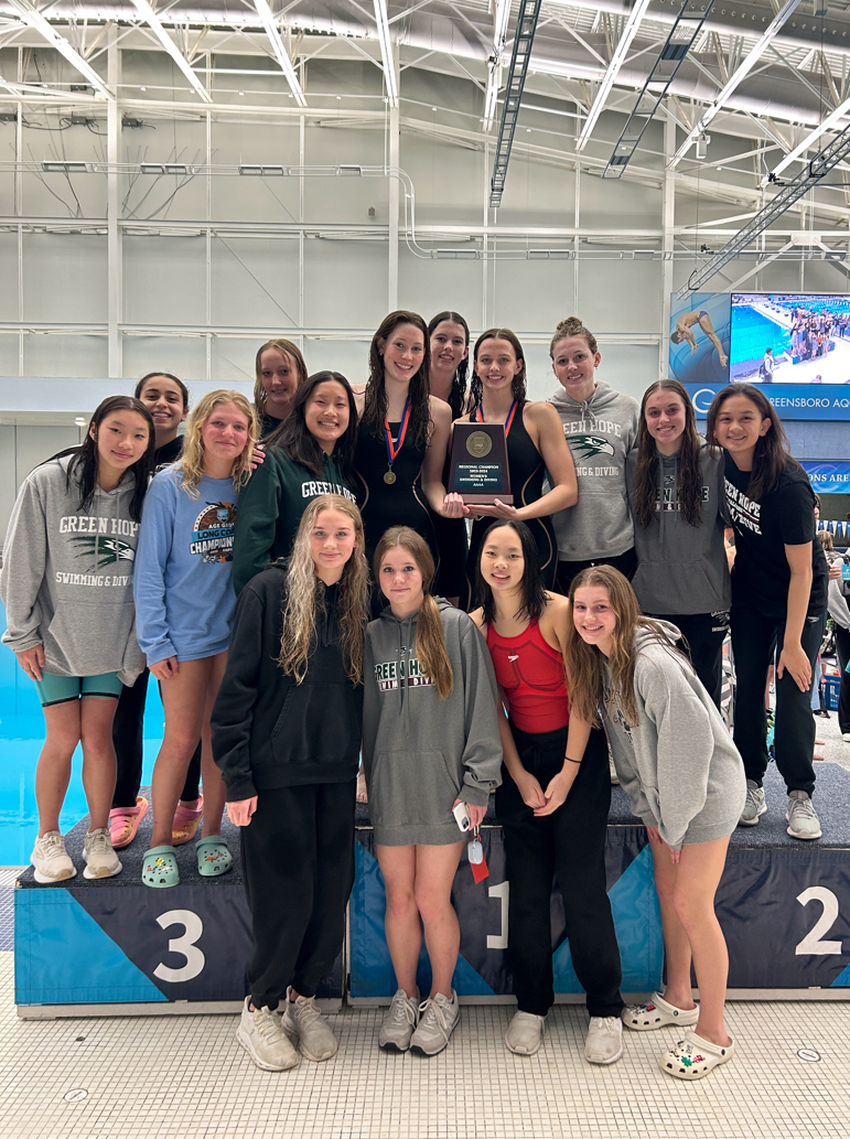 The girls winning the NCHSAA 4A Central Regional Championship, with all races swam in the same day! Photo used with permission from Brian Farrell (24).