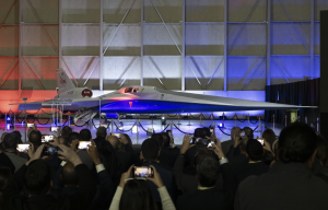 The X-59 being unveiled at Lockheed Martin’s Skunk Works facility. NASA believes the plane will be ready for flight by the end of the year. Photo used with permission from NASA via nasa.gov. 