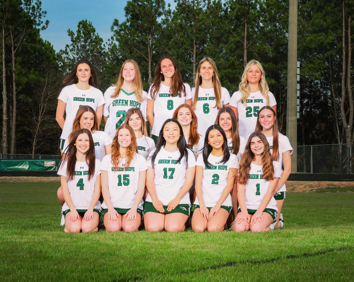 The 2023-2024 Green Hope girls varsity lacrosse team poses for a team picture during media day. Photo taken with permission from @ghwlax Via Instagram.