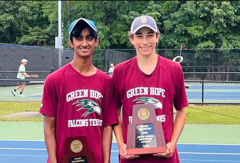 Green Hope men’s tennis players Vivek Indlamuri (‘25) and Stephen Gervase (‘26), pose for a picture with their plaques after securing their Championship title in the NCHSAA 4A Men’s Individual Tennis conference. Photo used with permission from Stephen Gervase. 