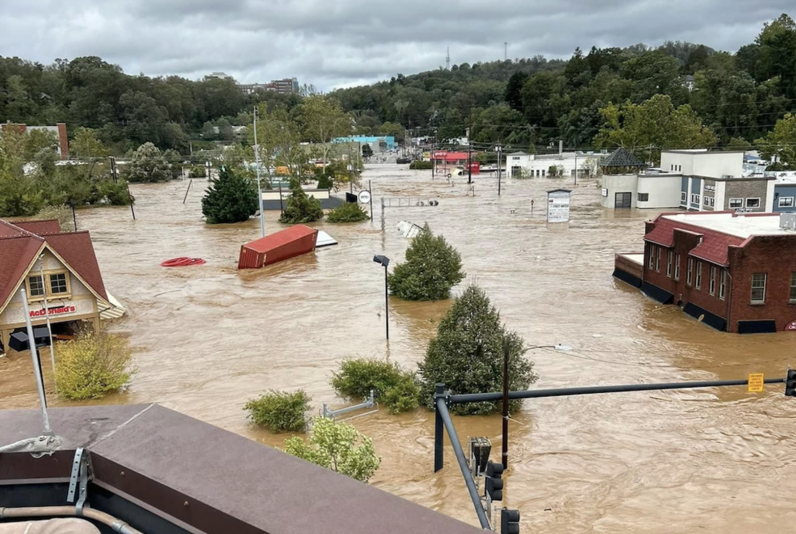 A city underwater: feet of floodwater drown the historic Biltmore Village in Asheville. Photo courtesy of Ms. Kaylee Jacobs. 