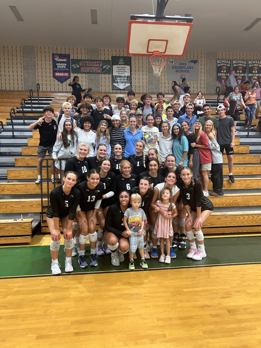 Falcon Frenzy club members show their support at a Volleyball game against Holly Springs with a theme of Frat out. Photo used with permission from Ciara Wiseman.