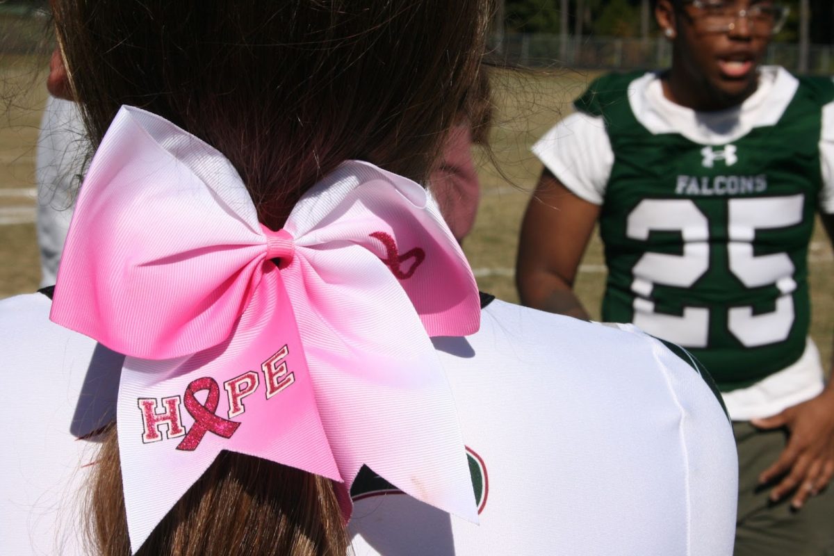 Green Hope cheerleaders show their support for breast cancer awareness by wearing pink bows in their hair.