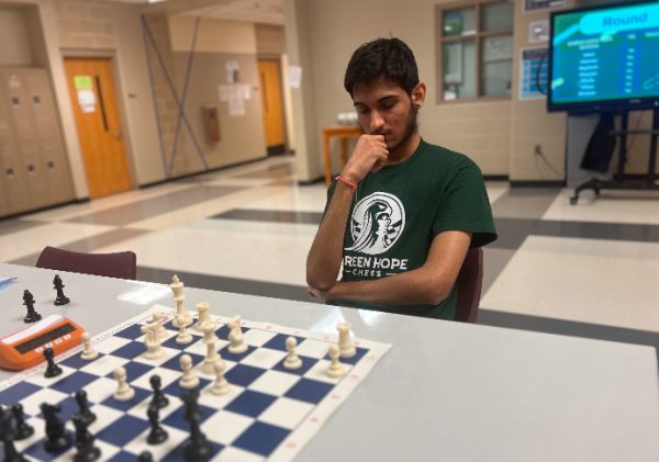 Ishan Biyala ponders his next move, carefully planning his checkmate. Photo used with permission from Ishan Biyala.