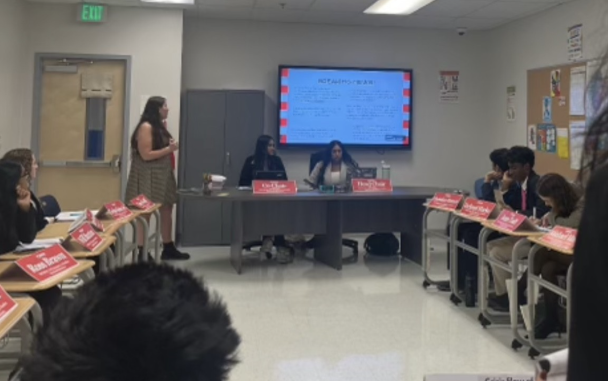 Bianca Salve sits at the head of the table, leading a Model UN conference in discussion. Photo used with permission from Bianca Salve.