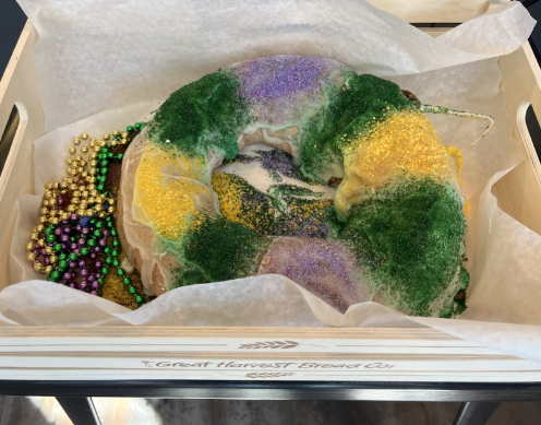 Great Harvest Bread Co. (Cary, NC) bakes King Cakes yearly to bring Mardi Gras celebrations to North Carolina.