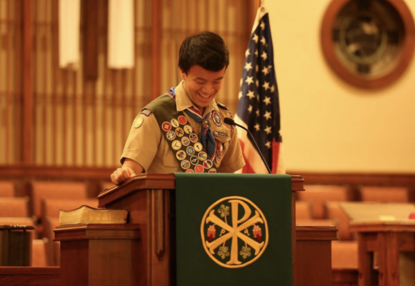 Evan Koo ('25) at his Eagle Court of Honor. Court of Honors are a great time for friends and families to celebrate their scout. Photo used with permission from Evan Koo.
