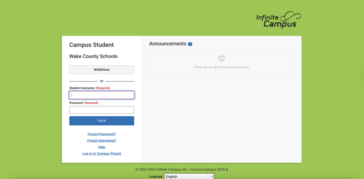 The Infinite Campus portal from the student view.