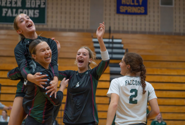 From left to right, Vivian Scoffield (‘27), Izzy Jankowsky (‘27), Chloe Burbage (‘28) and Andrea Munoz (‘27) celebrate a point in dramatic fashion. Photo used with permission from Ryan Kinder.