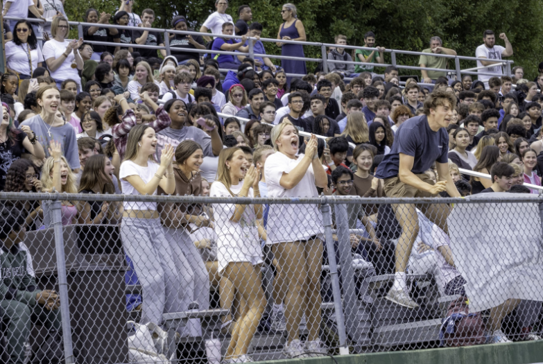 Green Hope students excitedly cheer for participants in the pep rally’s games.