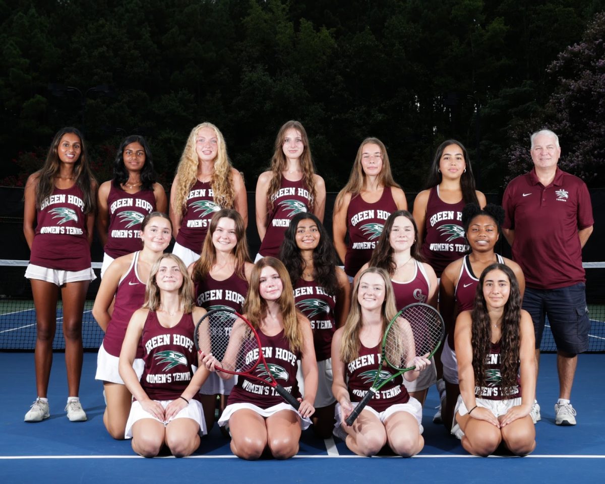 The varsity women's tennis team poses for media day pictures. Photo used with permission from Emily Fatal.