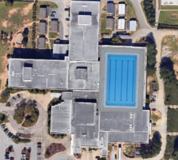 The pool on the roof is situated on top of the school and is accessed via the 3300 wing.
