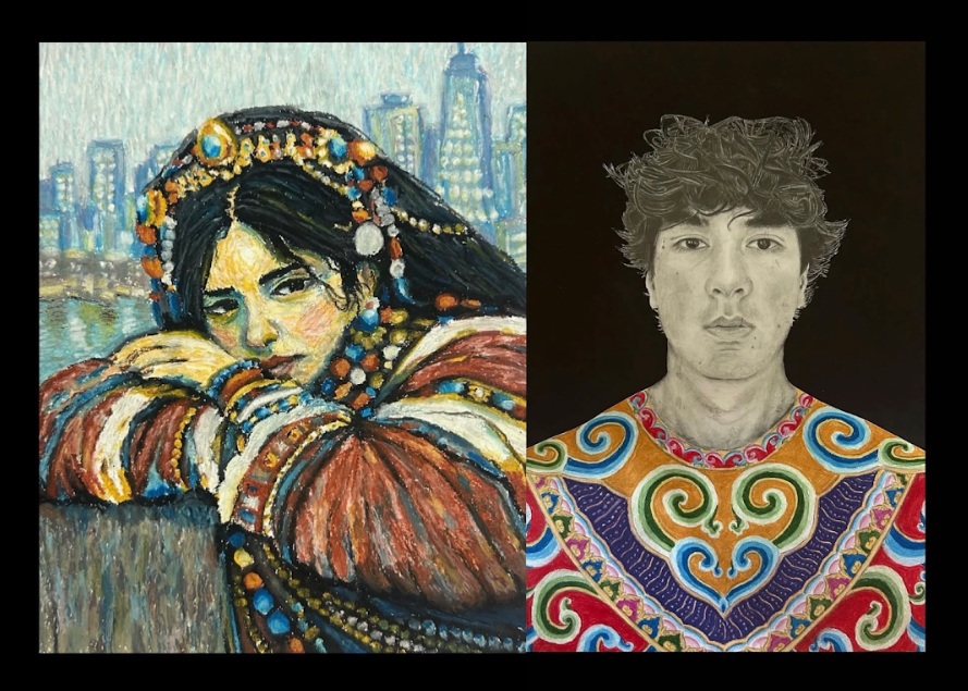 Senior Marcus Hulbig submitted two pieces that won awards: "Urbania" (left: oil pastel) and a self-portrait (right: graphite, colored pencils, Sharpie markers). Photo used with permission from Marcus Hulbig ('26).