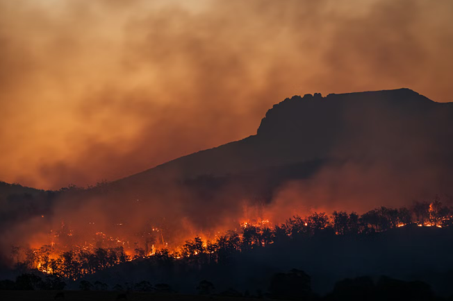 A wildfire rages out of control in Tasmania, scorching the land. Photo used with permission from Matt Palmer via Unsplash.
