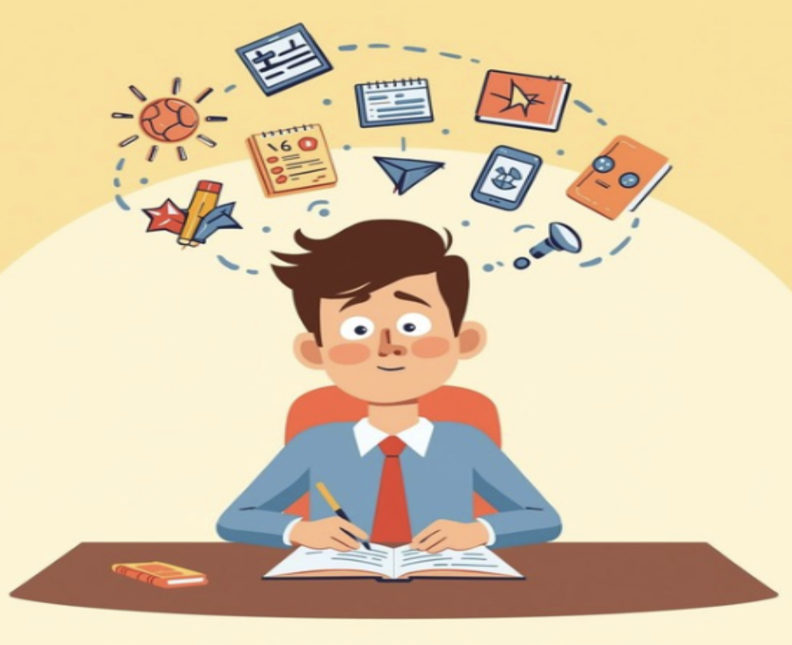 Image of a boy sitting and thinking about lots of other things, including sports and technology, while he is supposed to be doing the schoolwork in front of him. (Picture created by Canva AI/Magic Media).