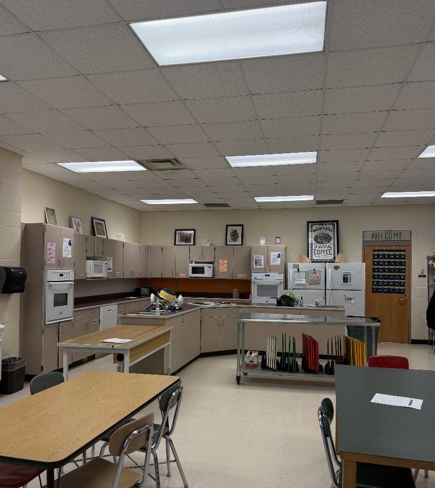 The foods room has an efficient setup for students to cook.