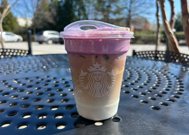 Starbucks’ new menu item, the Iced Ube Coconut Macchiato Drink in Cary, NC.