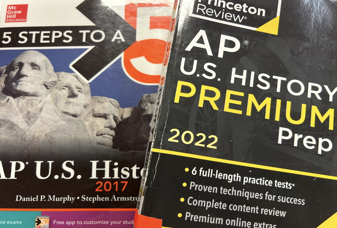 AP United States History text books in the Green Hope High School library.