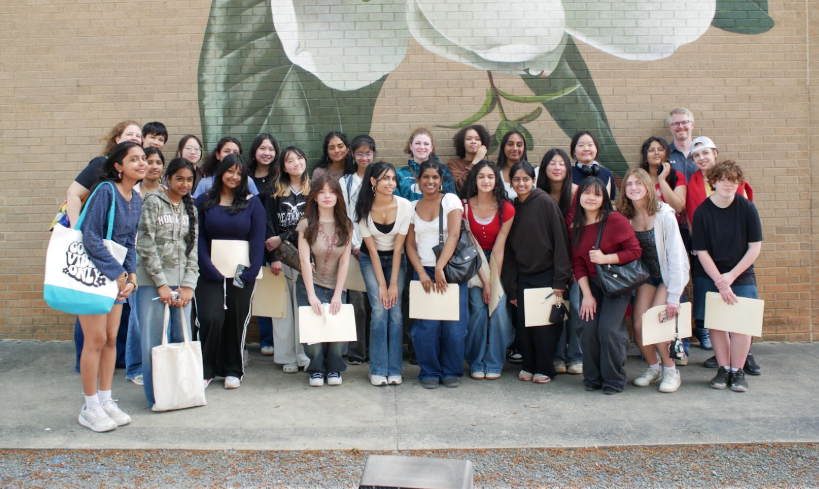 A group made up of Asian-American History students and Art students from Green Hope poses during their recent trip.