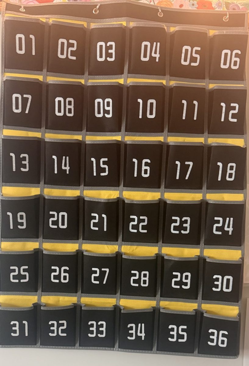 Image of the caddies used to hold phones during class time. By requiring students to put their phones away, teachers can limit distractions and cheating in the classroom.
