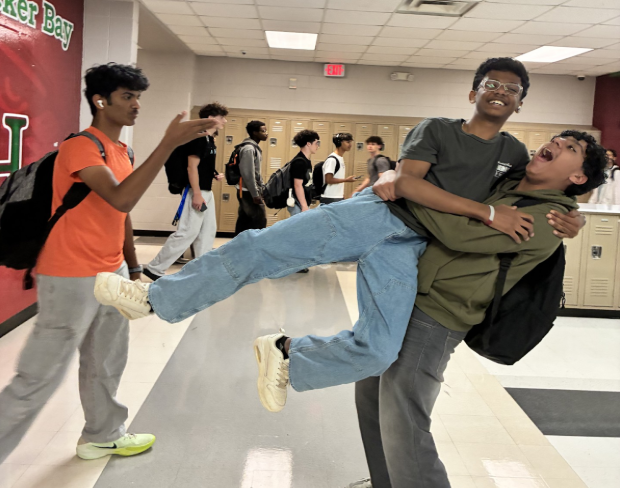 Green Hope students often find fun ways to pass the time during lunch, especially those that can't go off-campus. From left to right: Sarvesh Rekha Vishnu (‘29), Sahishnu Popuri (’29), Eshwar Yakkala (‘29).
