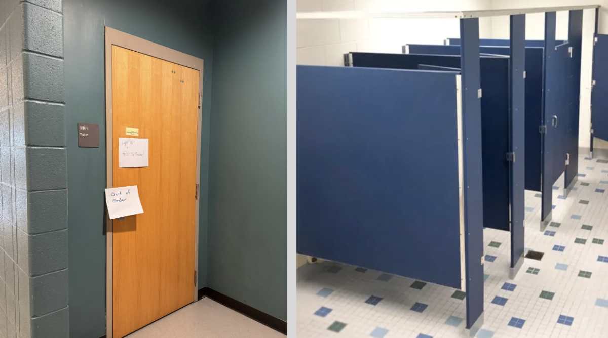 A picture comparison between where the teachers go to the bathroom and where students go.
