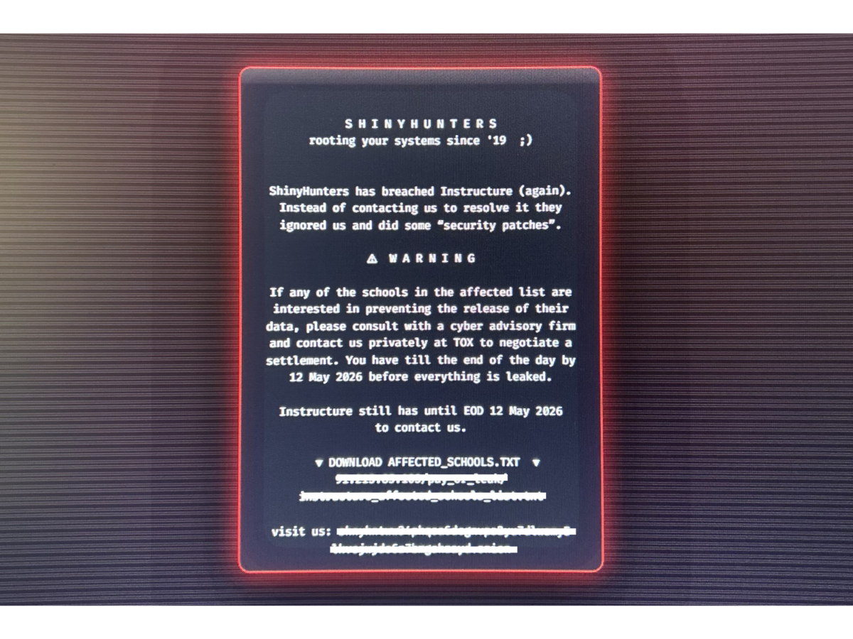 Instead of the normal Canvas page, students were met with a ransom message from the hacking group, ShinyHunters.