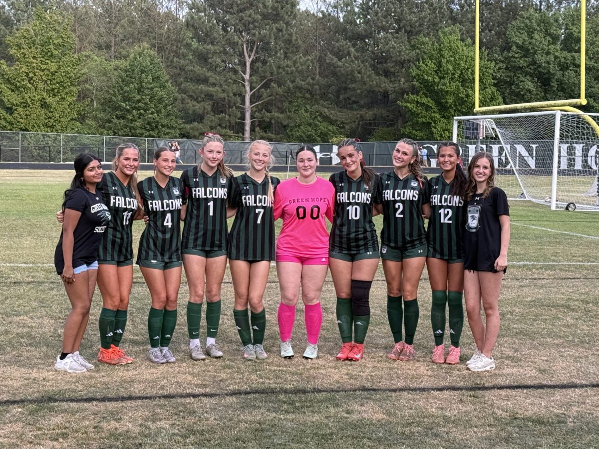 Green Hope seniors gather on the field together to pose for a group picture before kick-off. Photo used with permission from Ella Chase.
