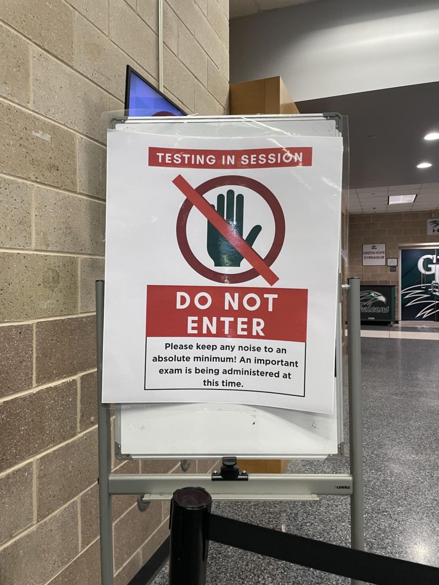 A sign indicated an Advanced Placement (AP) exam is being administered. AP exams took place in school from May 4th to May 15th, leaving nearly a month of school before summer break and questions about how those final weeks should be utilized.