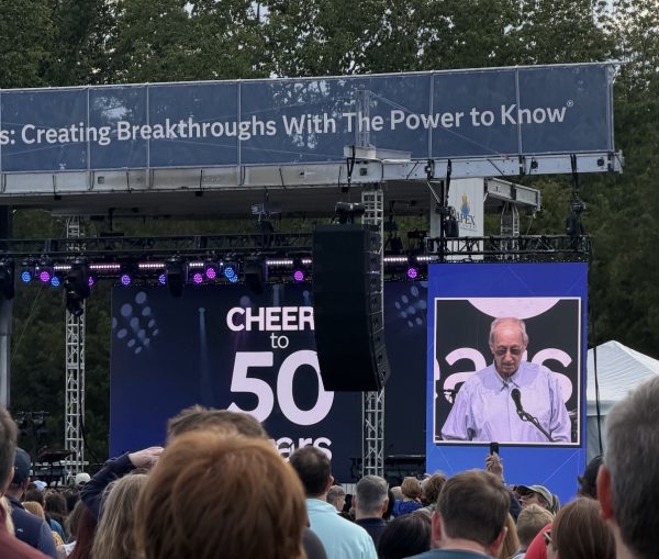 John Sall, part-owner of SAS, speaking at the company's 50th anniversary celebration in Cary, NC.